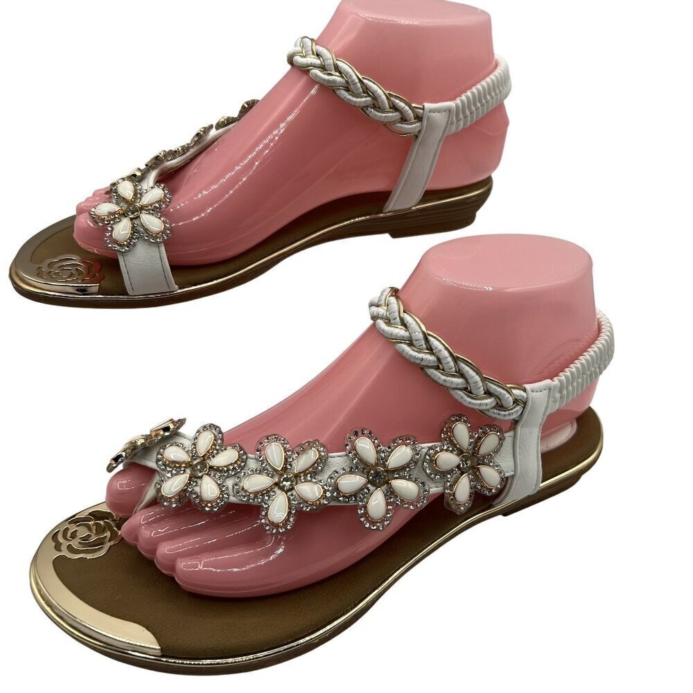Atalina Womens 8 Toe Ring Floral White Beaded Sandals Gold Accents Braided Strap